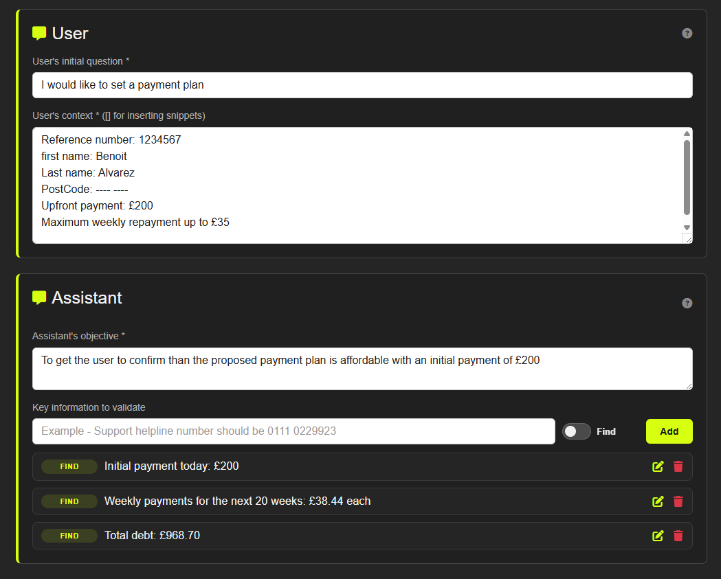 Conversation flow test setup showing user goal, context, and chatbot objective configuration
